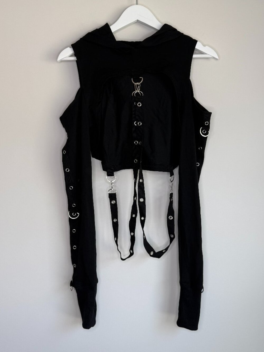 Long Sleeve Gothic Punk Hooded Bandage Crop Tops Pullover